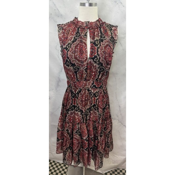 Kate Spade So Foxy Pleated Dress Silk Blend Red Metallic Medallion 6 boho Tierd - Picture 11 of 16